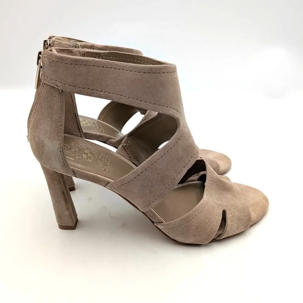 Vince Camuto Lyle Kitten Heel Sandal Back Zip Women's Natural Size US8.5M EU39.5